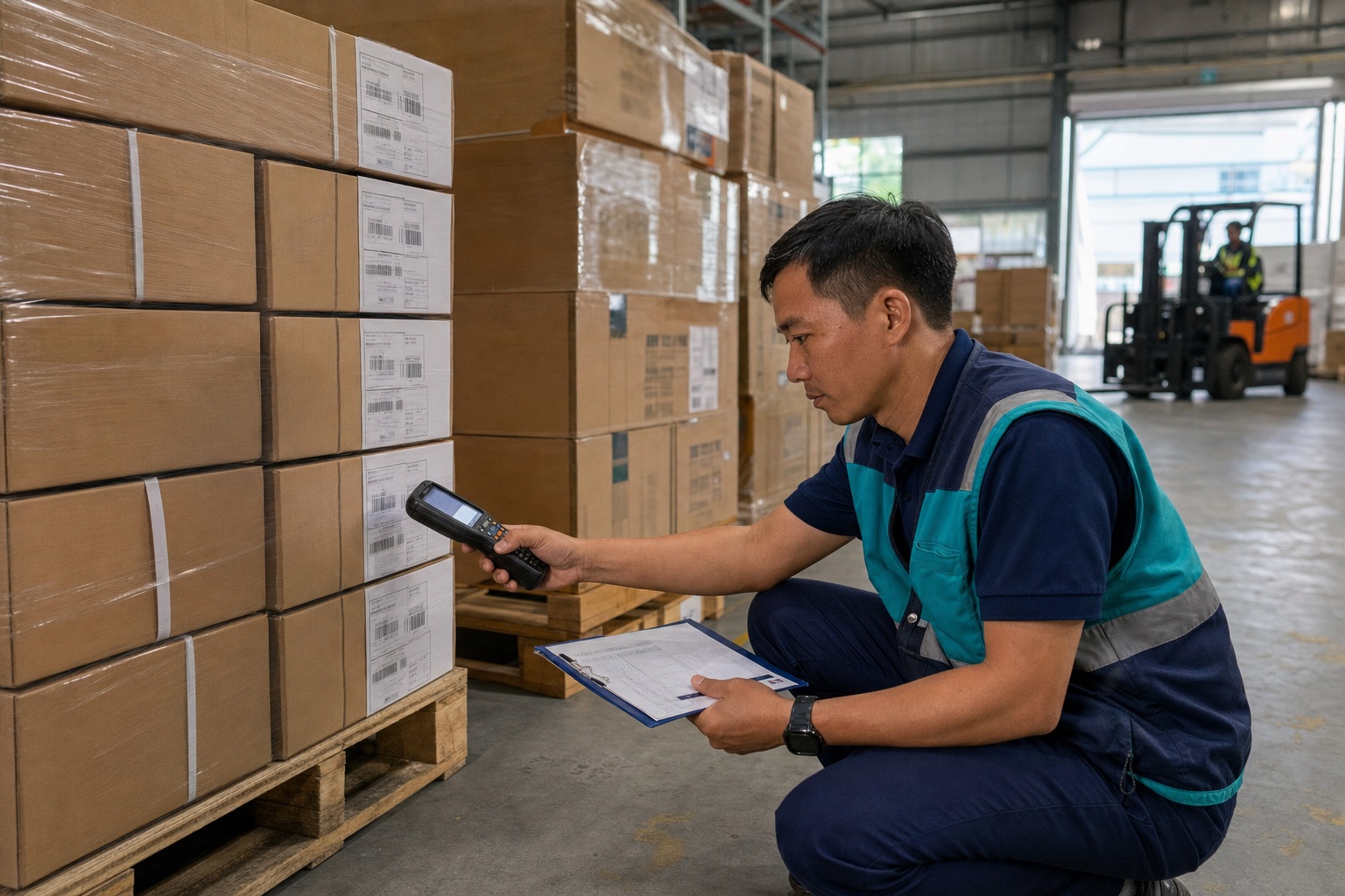 Nhân viên kho quét và kiểm chứng hồ sơ lô hàng