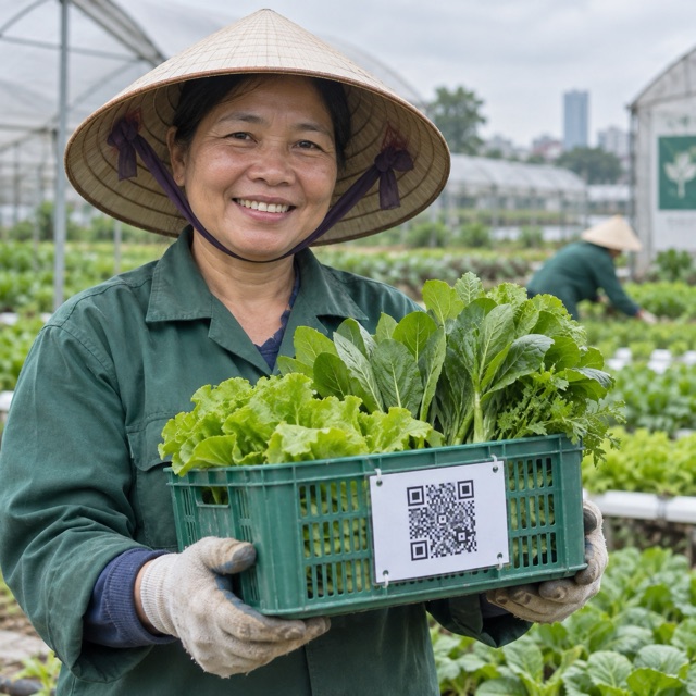 Nông dân gắn mã QR cho sọt rau tại vùng trồng