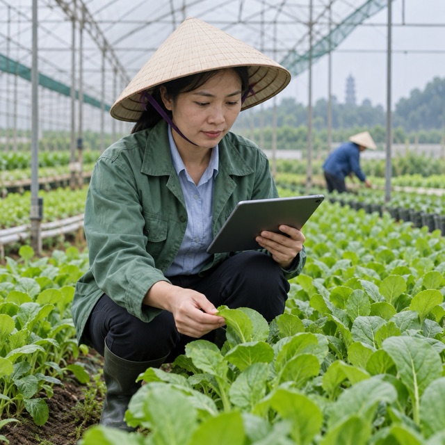 Nông dân kiểm tra rau tại nhà kính và ghi chép mùa vụ