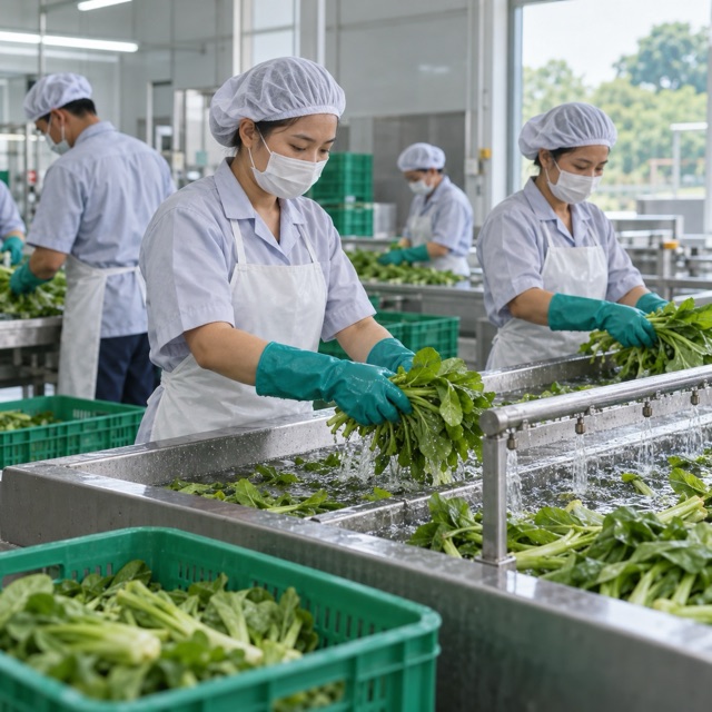 Công nhân sơ chế rau trên dây chuyền sạch