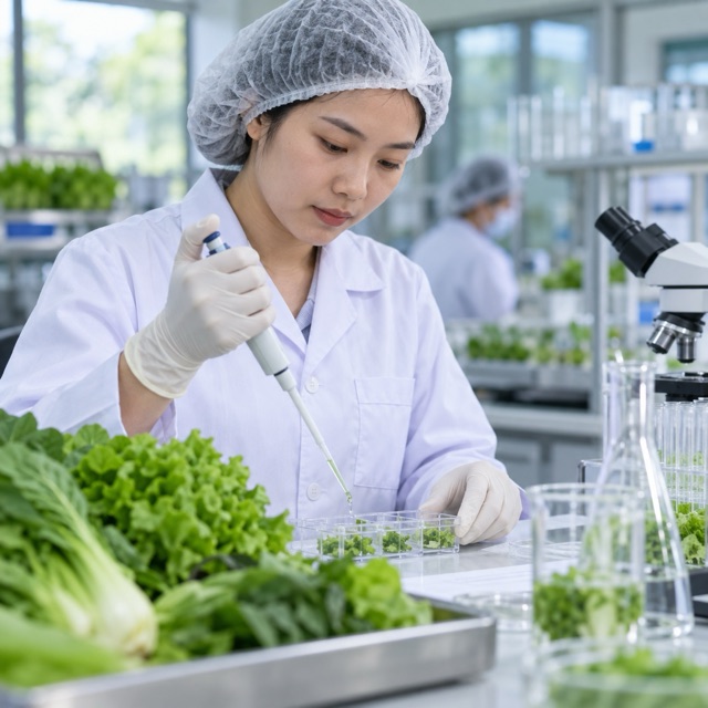 Kỹ thuật viên kiểm nghiệm mẫu rau trong phòng thí nghiệm