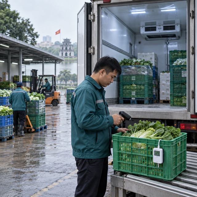 Nhân viên kiểm tra cảm biến nhiệt độ trên sọt rau tại xe lạnh