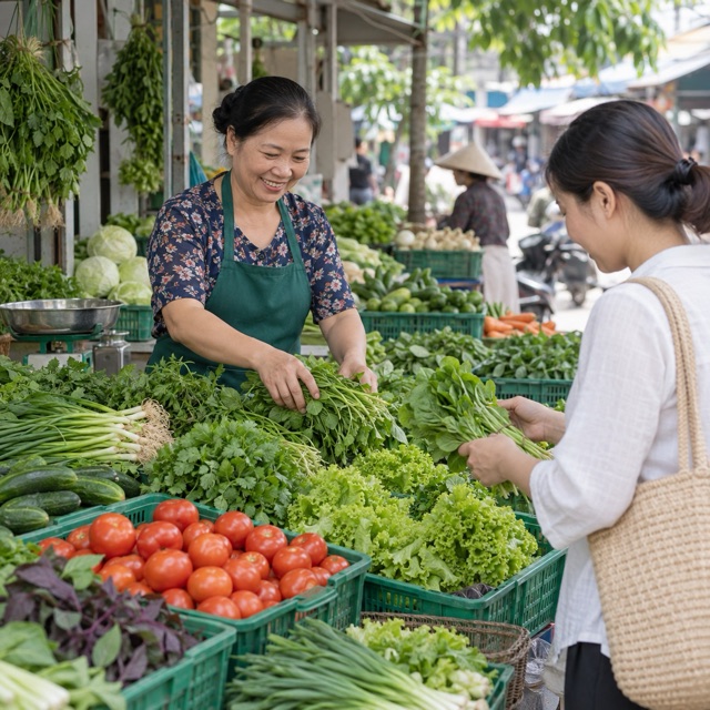 Người bán và khách chọn rau tại chợ Hà Nội