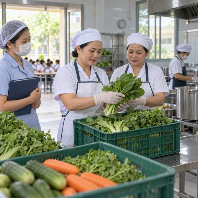 Nhân viên bếp trường học nhận và kiểm tra rau tươi