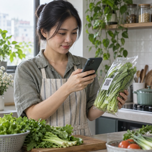 Người tiêu dùng quét mã QR trên gói rau tại nhà