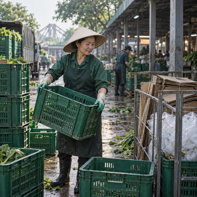 Nhân viên thu gom sọt rau và bao bì đã phân loại