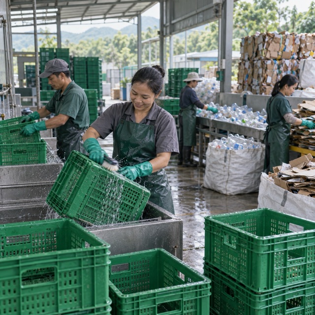 Công nhân rửa và tái sử dụng sọt nhựa đựng nông sản