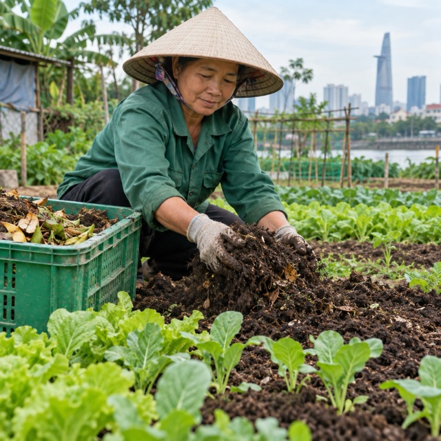 Nông dân bón phân ủ hữu cơ để trồng lứa rau mới